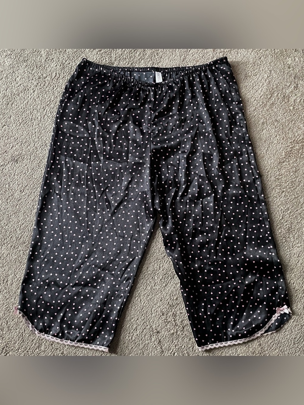 Gilligan & O'Malley Silky Black Pajama Bottoms with Pink Heart Print & Lace Trim